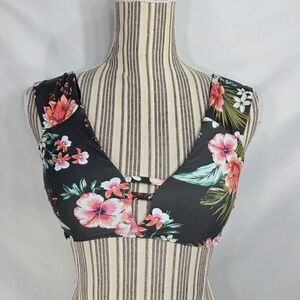 Shade & Shore Grey w/Multi Floral Print Wide Shoulder Straps Bikini Top Medium